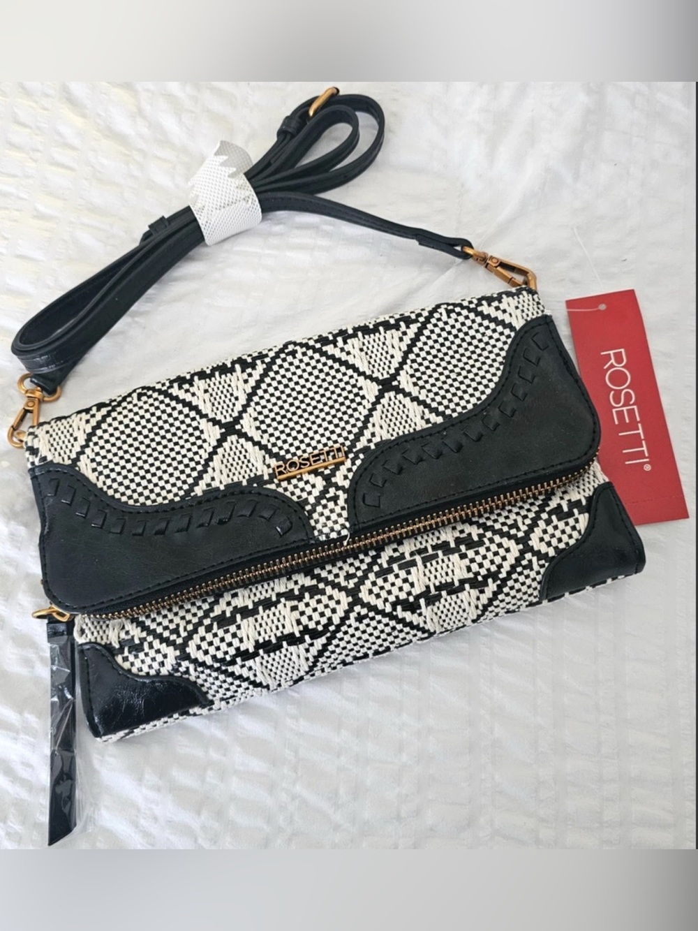 NWT Rossetti Piper Folding Crossbody Bag, black & white geometric twill pattern